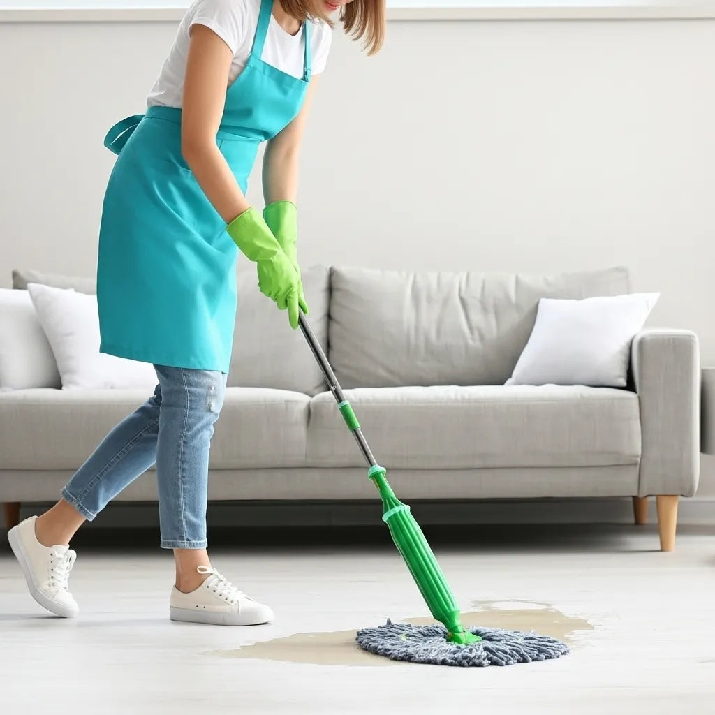 Person cleaning a floor with a green mop in a living room.