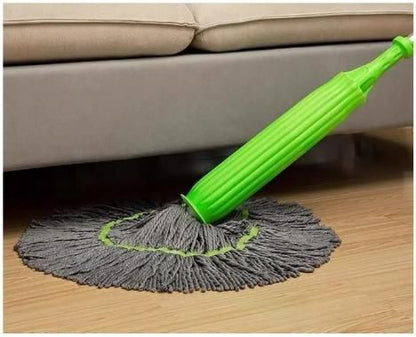 Green and gray mop cleaning under a beige sofa feedmate.