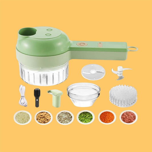 Green kitchen tool with attachments on a yellow background