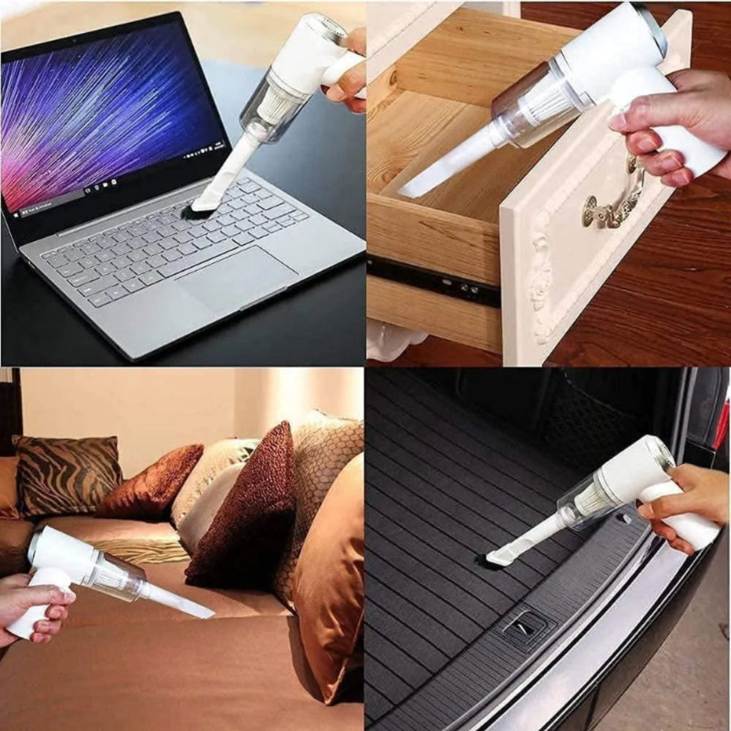 Collage of a handheld vacuum being used on various surfaces including a laptop, wooden furniture, sofa, and car trunk.