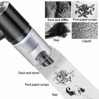 Vacuum cleaner with collected debris including dust, stone, peel paper scraps, hair, and liquid.