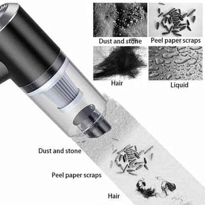 Vacuum cleaner with collected debris including dust, stone, peel paper scraps, hair, and liquid.