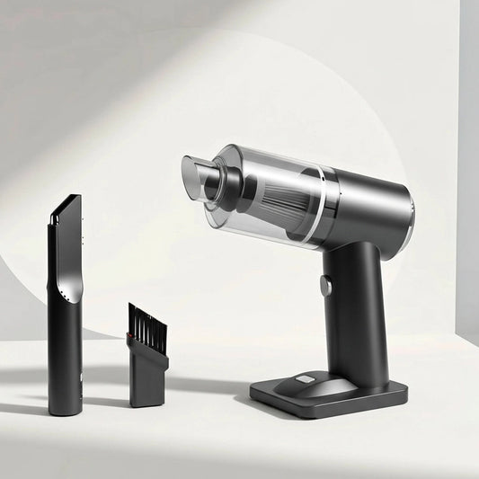 Silver handheld vacuum cleaner with attachments on a light gray background